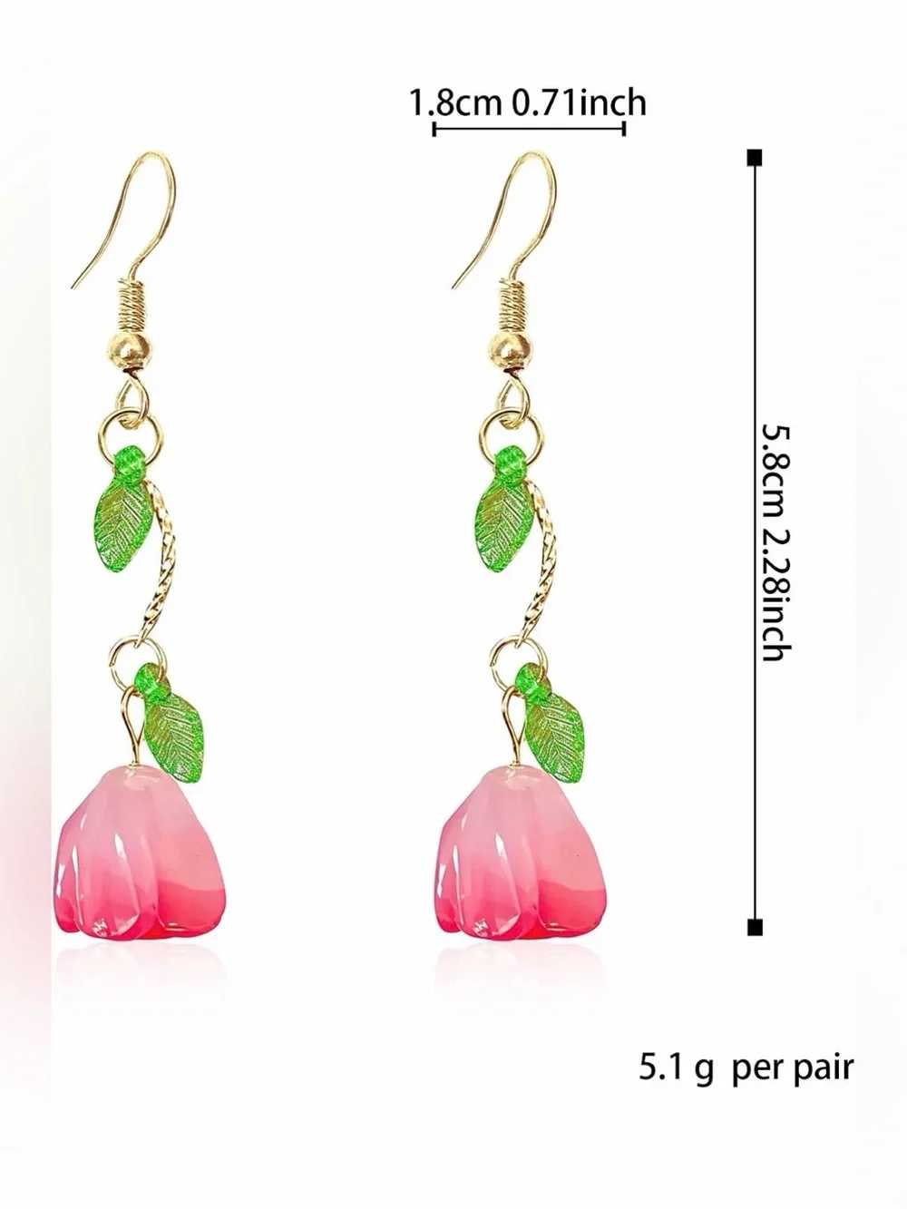 Pink Flower Handmade Drop Earrings with Green Leaf Accents